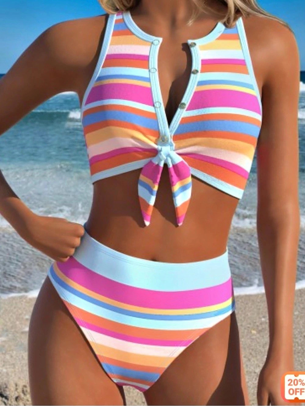 Striped Print Knot Front High Waisted Bikini Set Pink & Blue